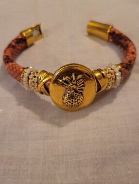 Laura Janelle Gold Toned Pineapple & Leather Bracelet